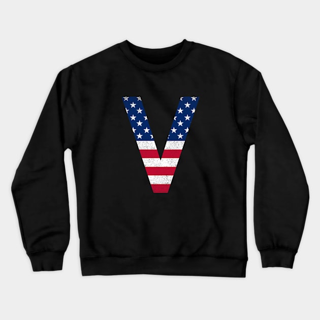 Vintage Letter V Capital Alphabet V American Flag Crewneck Sweatshirt by Shariss